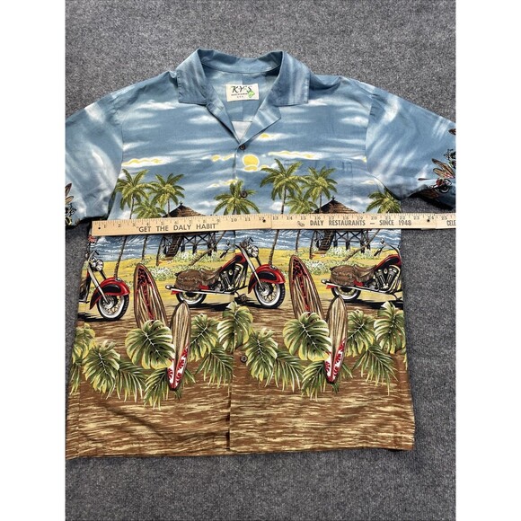 Ky's Hawaiian Shirt Men's Large Cotton Motorcycles Surfboards Tiki Hut Button-Up - Picture 8 of 16